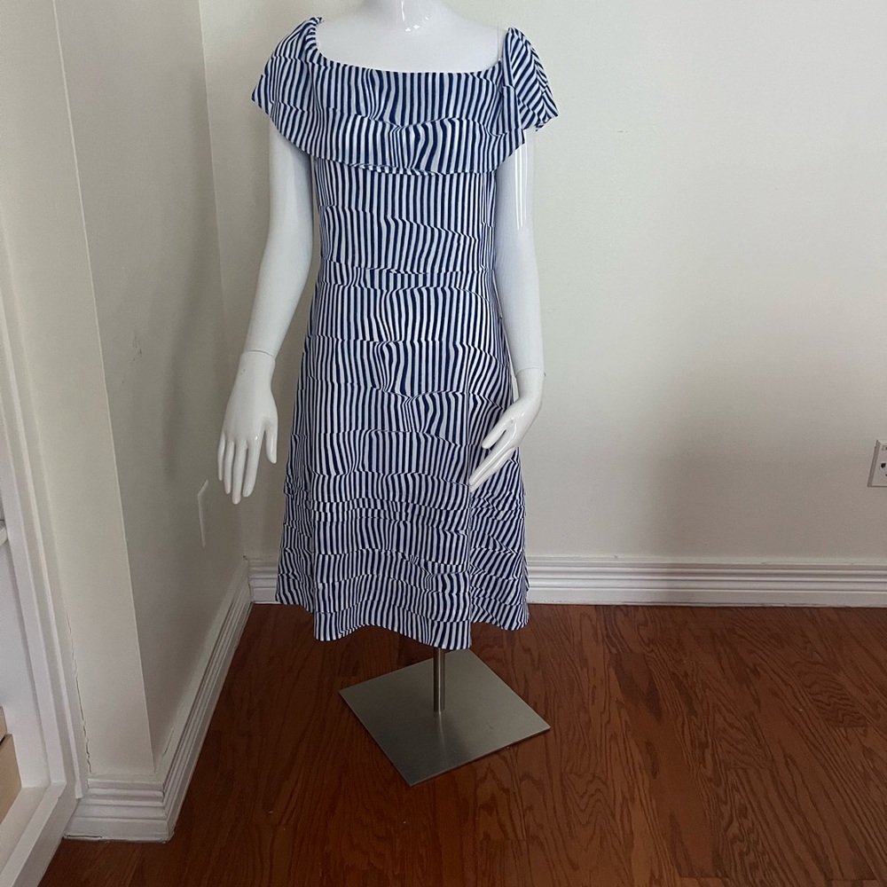 Banana Republic Navy and White Striped Off-Shoulder Midi Dress
